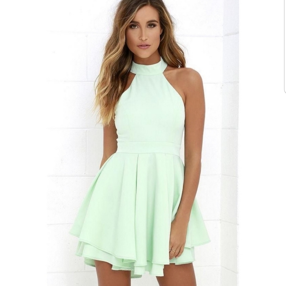 Lulu's Mint Green Halter Skater Mini Dress - Size S - NWT